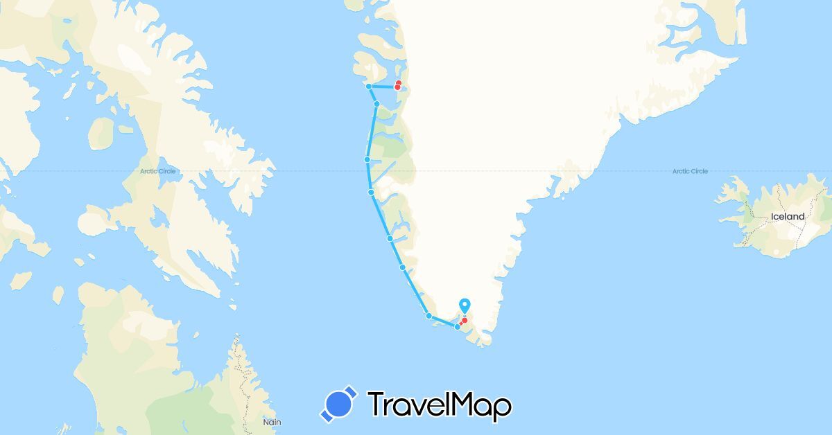 TravelMap itinerary: driving, hiking, boat in Greenland (North America)